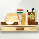Naturexpress Personalized All In One Wooden Desk Organizer with Clock, Pen Stand, Tea Coaster, Mini Notes & Drawer | Engraved Names | Unique Gifts